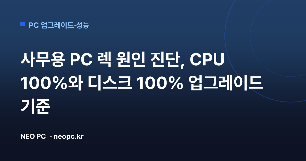 사무용 PC 렉 원인 진단, CPU 100%와 디스크 100% 업그레이드 기준